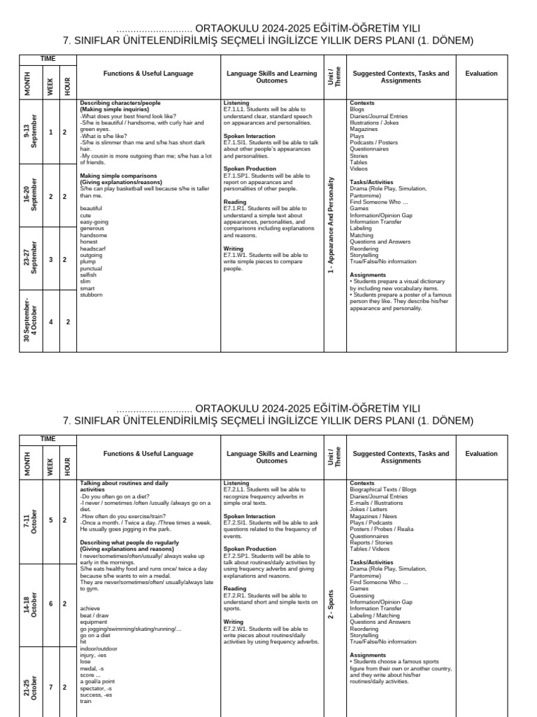 2024-2025 7th Grade English Lesson Plan | PDF | Storytelling | Vocabulary