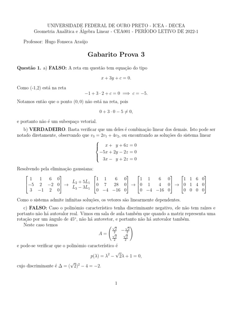 Prova 3 de GAAL - Gabarito | PDF