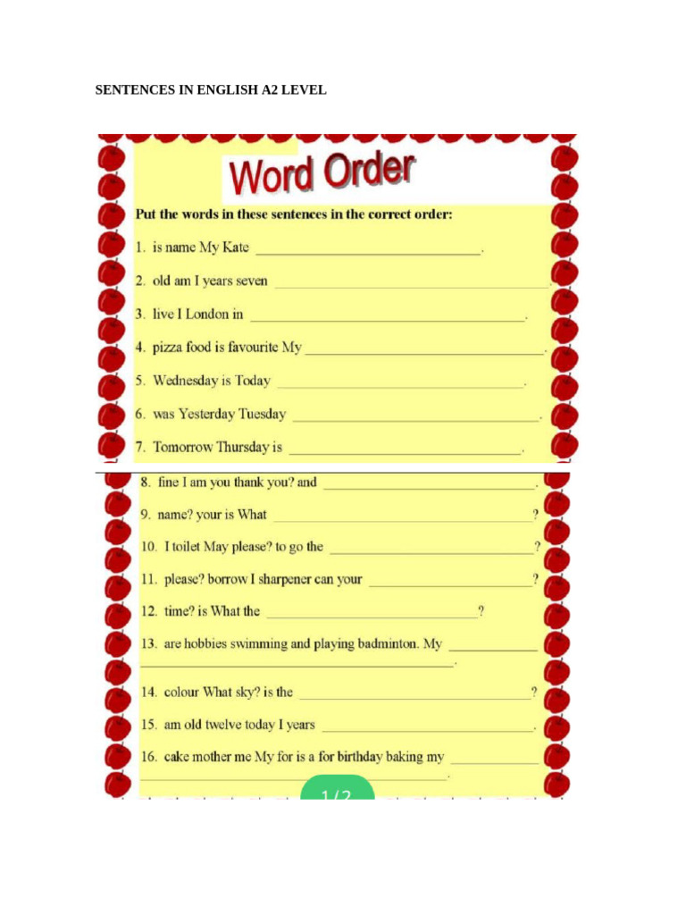 A2 Sentences in English | PDF
