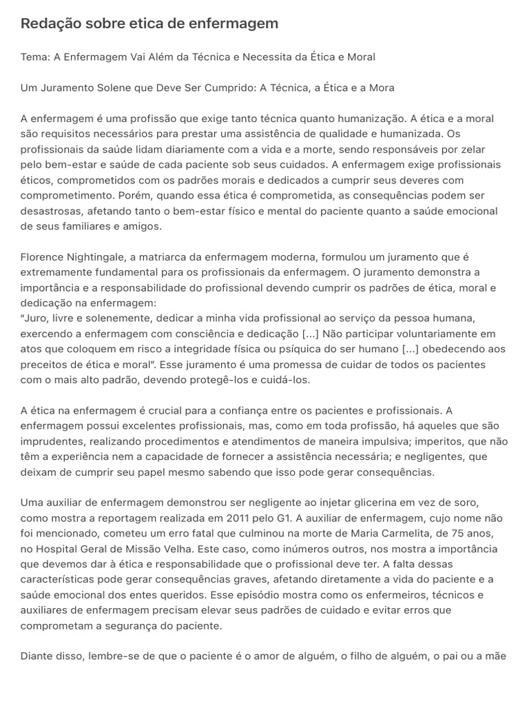Redação Sobre Etica de Enfermagem | PDF