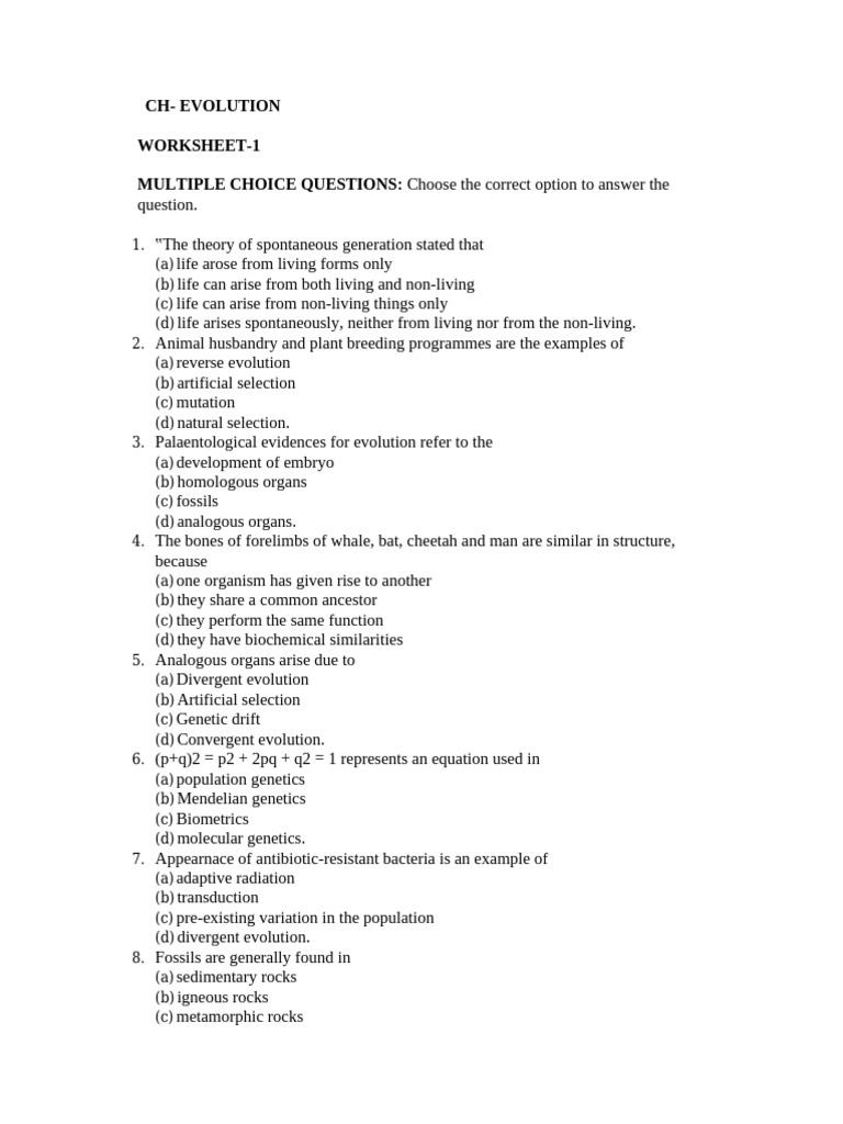 Worksheet CH EVOLUTION | PDF