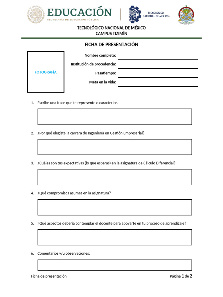 Ficha de Presentación | PDF | Crecimiento personal y profesional