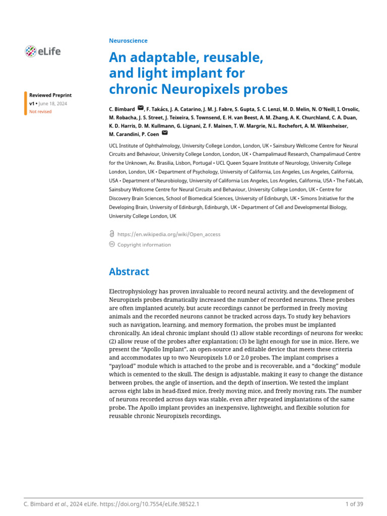An Adaptable, Reusable, and Light Implant For Chronic Neuropixels ...