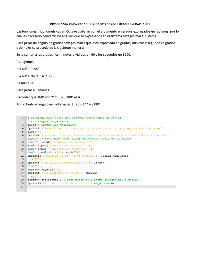 Programa para convertir de grados sexagesimales a radianes pdf