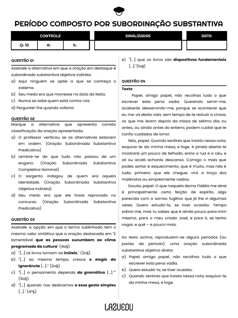 PERÍODO COMPOSTO POR SUBORDINAÇÃO | PDF