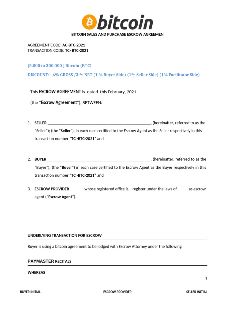 BTC Escrow Agreement Swiss - Feb - 2021 | PDF | Sales | Cryptocurrency