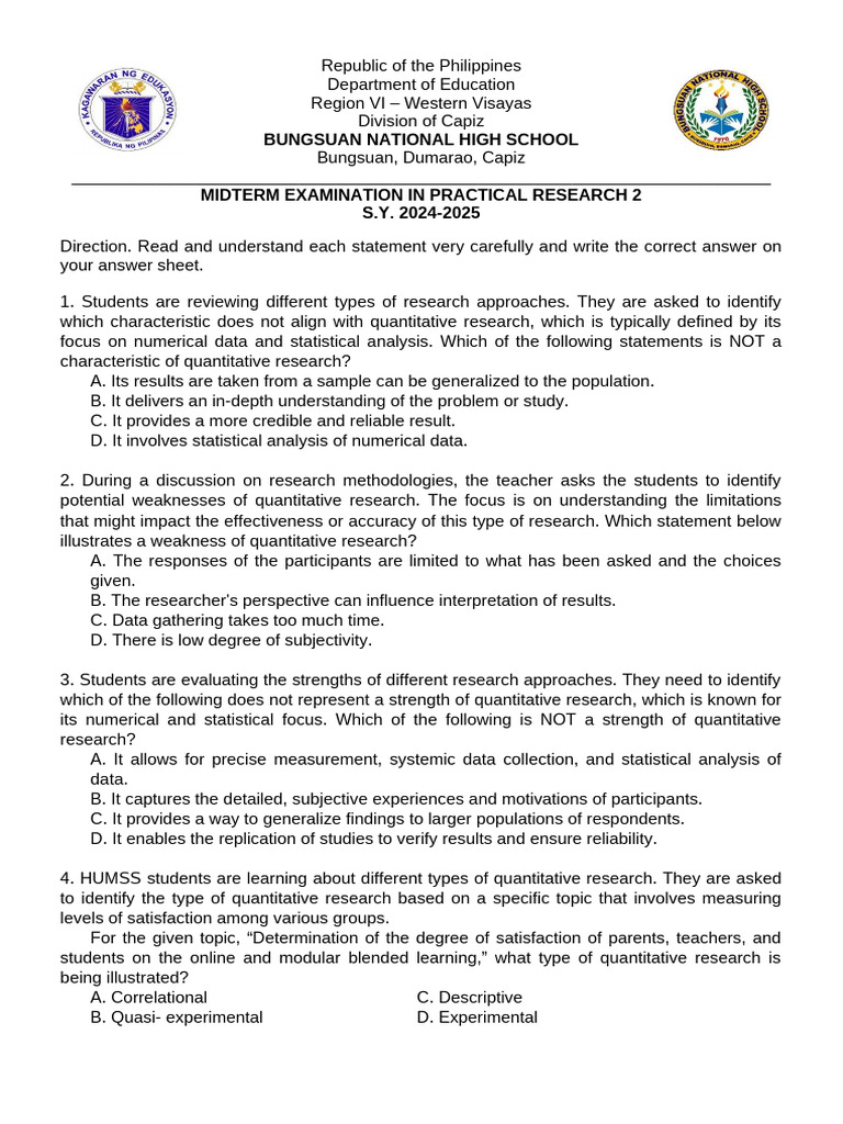 1st Quarter Exam Practical Research 2 | PDF | Methodology | Wellness