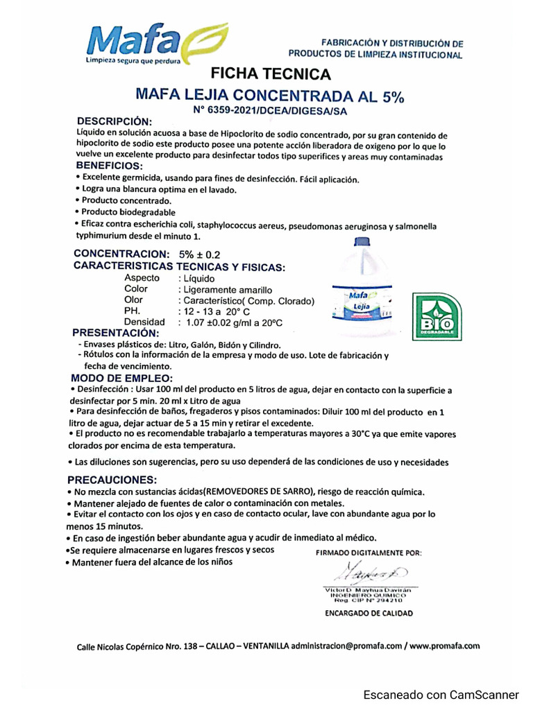 Ficha Tecnica Mafa Lejia | PDF