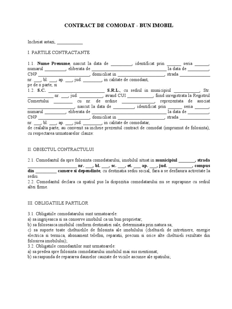 Contract De Comodat Pentru Sediu Social