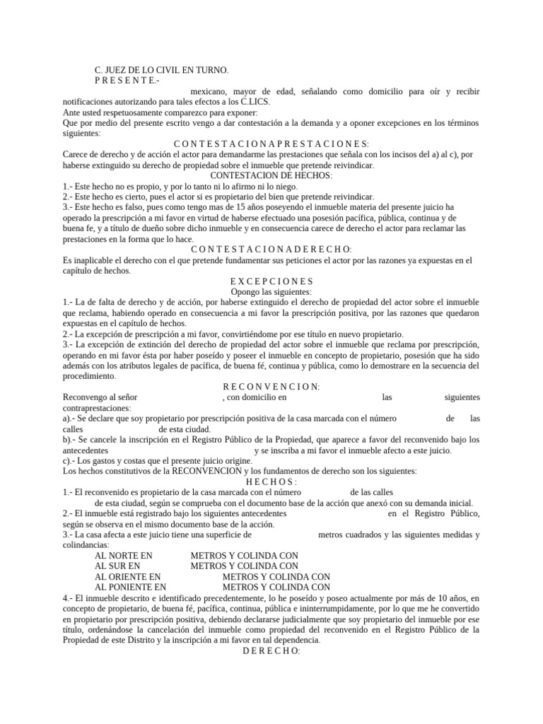 Contestación de Demanda Reivindicatoria Oponiendo La Reconvención. | PDF