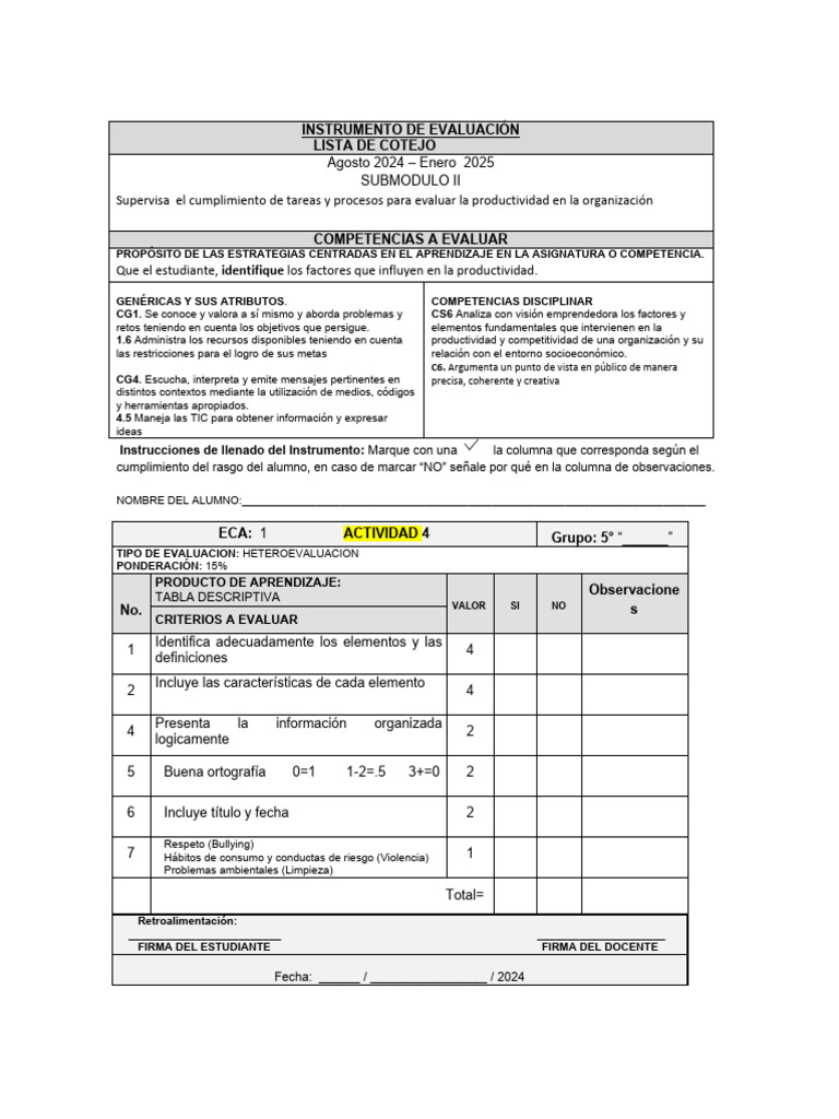 Instrumento de Evaluación 4 | PDF | Evaluación | Crecimiento personal y ...