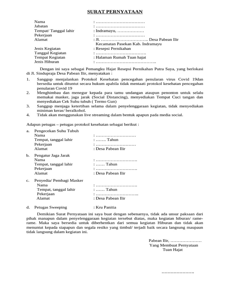 Draft SURAT PERNYATAAN IZIN Covid | PDF