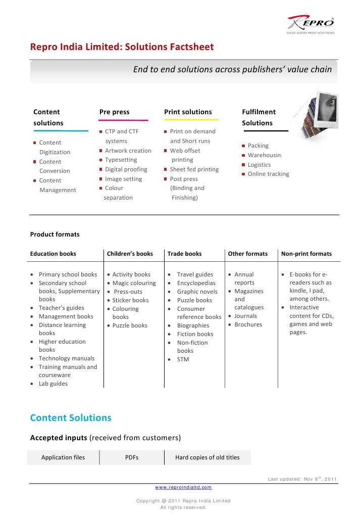 Repro India Limited Solutions Factsheet | PDF | Books | Publishing