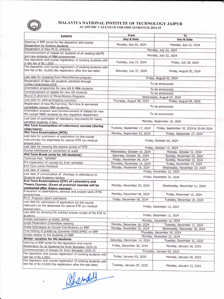 Academic Calendar Odd Semester 2024-25 | PDF