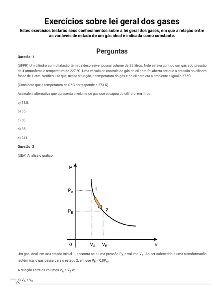 Exercícios Sobre Lei Geral Dos Gases - Brasil Escola | PDF