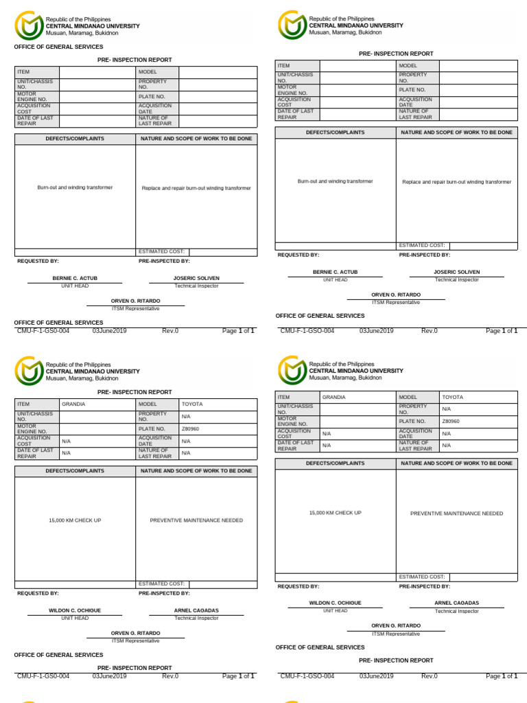 Cmu F 4 Gso 004 Pre Inspection Report | PDF