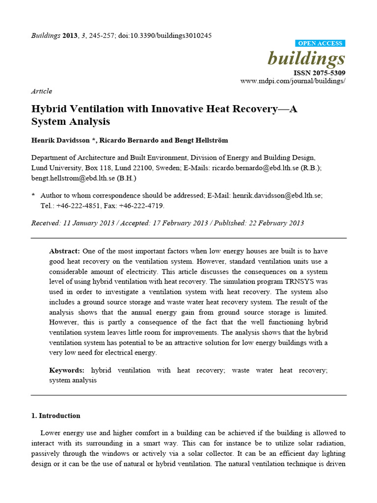 Hybrid Ventilation With Innovative Heat Recovery | PDF