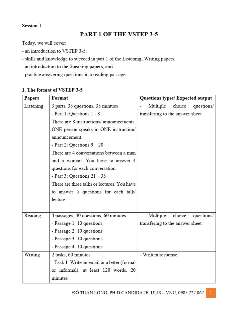 Part 1 of The Vstep 3-5: Session 1 | PDF