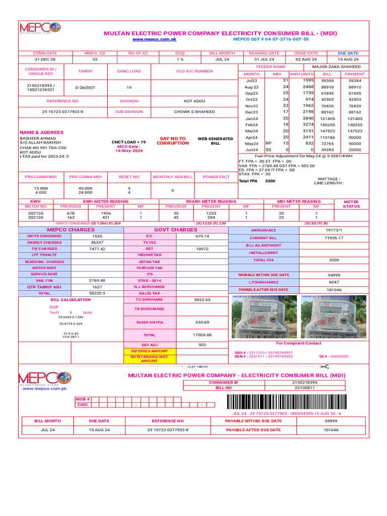 Multan Electric Power Company Electricity Consumer Bill - (Mdi) | PDF