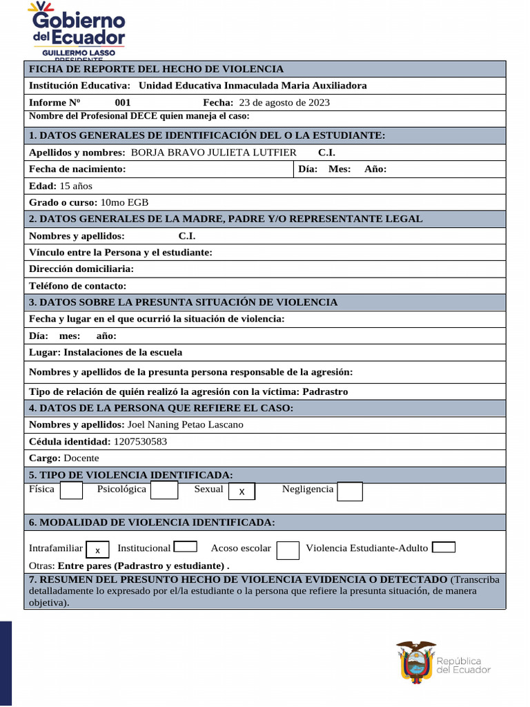 Informe de Reporte de Hecho de Violencia y Abuso | PDF
