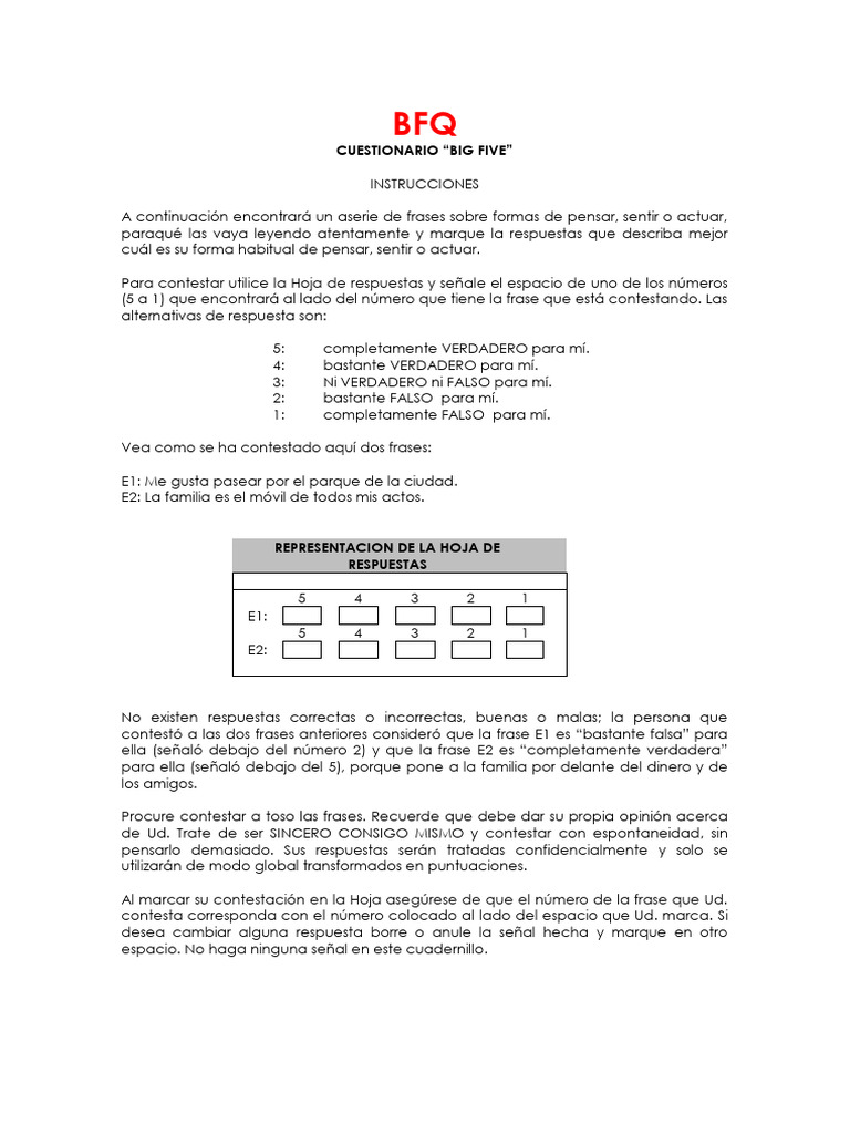 BFQ Big Five Questionnaire Instructions | PDF