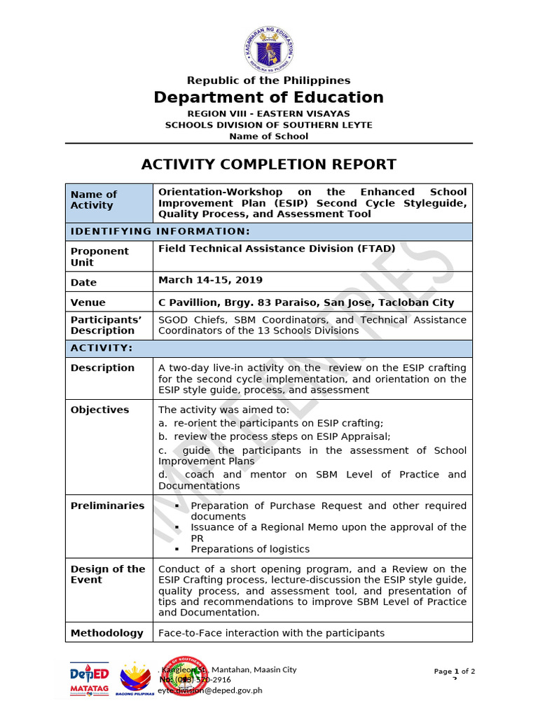 Activity Completion Report Template With Sample Entries | PDF