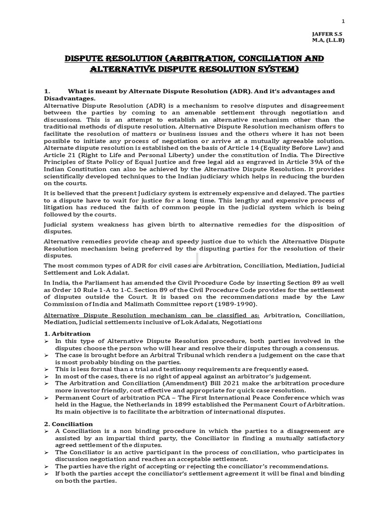 Dispute Resolution (Arbitration & Counliation) Long Questions | PDF
