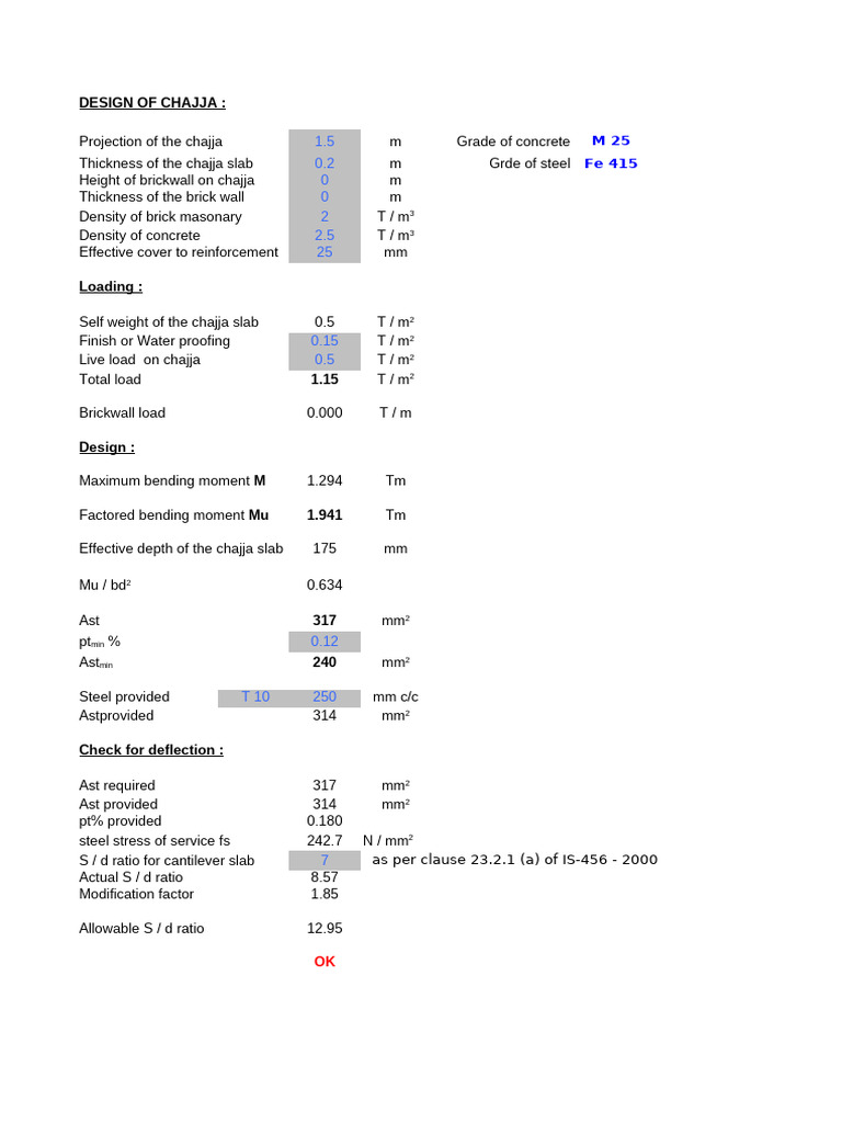 Chajja Design Specifications and Analysis | PDF | Bending | Structural ...