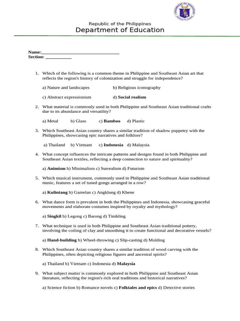 Music and Arts 7 Test and Tos q2 | PDF
