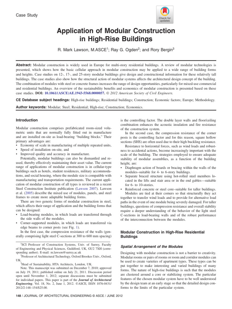 Bergin Et Al 2011 Application of Modular Construction in High Rise ...