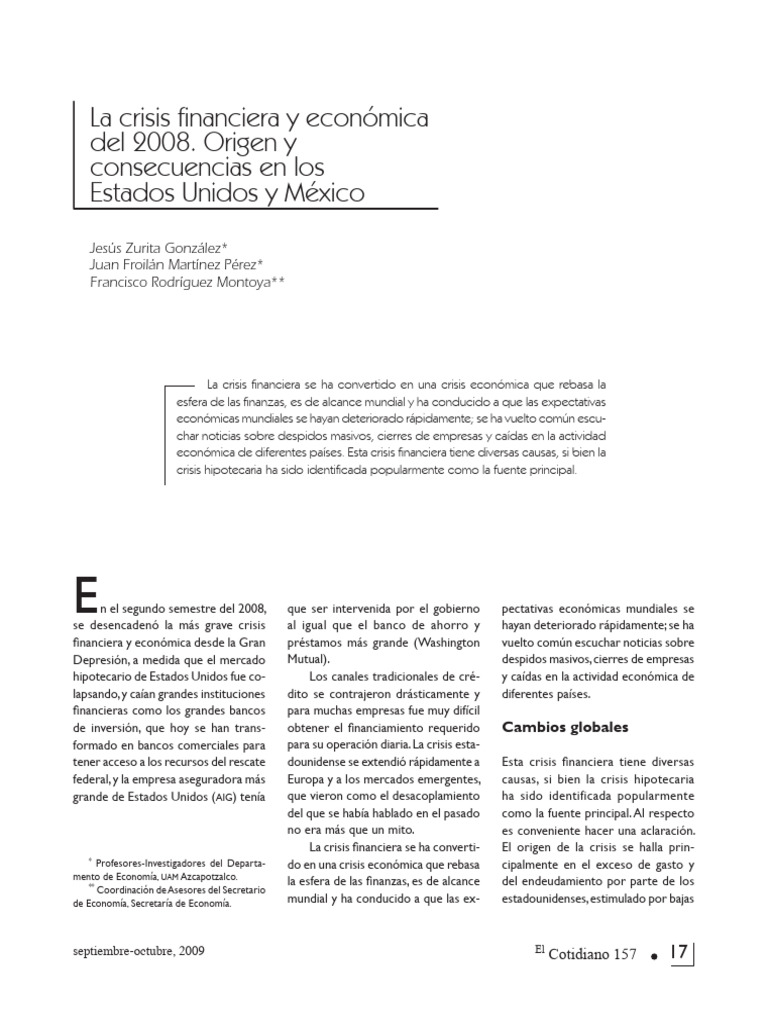 La Crisis Financiera y Económica Del 2008. Origen y Consecuencias en ...