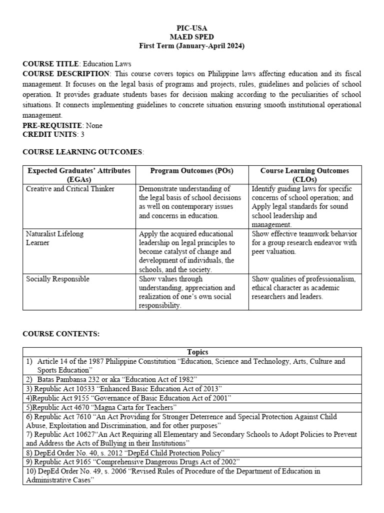 Course Syllabus-MA Education Laws | PDF