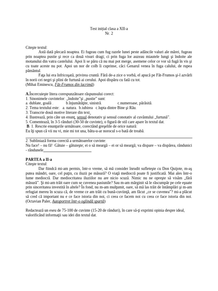 Test Initial Clasa A Xiinr 2 | PDF