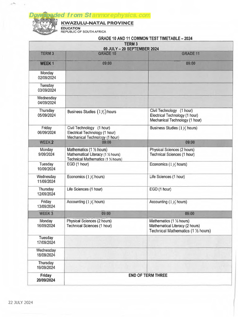 KZN Amended Common Exam Timetable 2024 | PDF