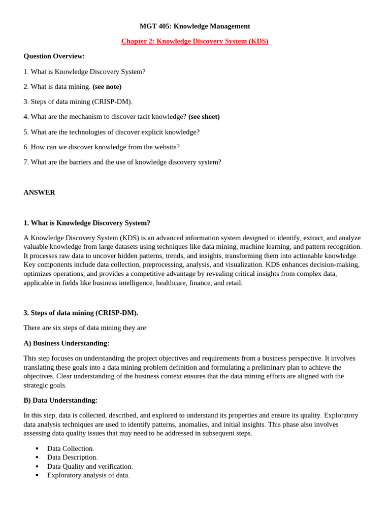 MGT 405 Chapter 2 Knowledge Discovery System (KDS) | PDF