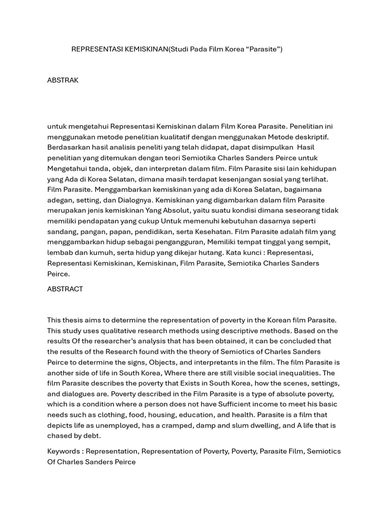Representasi Kemiskinan Dalam Film Korea Selatan (Analisis Semiotika