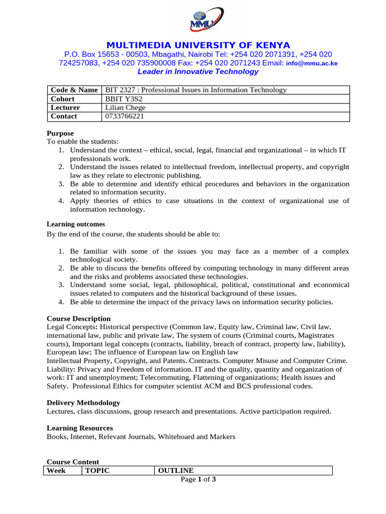 Bit 2327 Professional Issues in It Course Outline | PDF | Privacy | Art