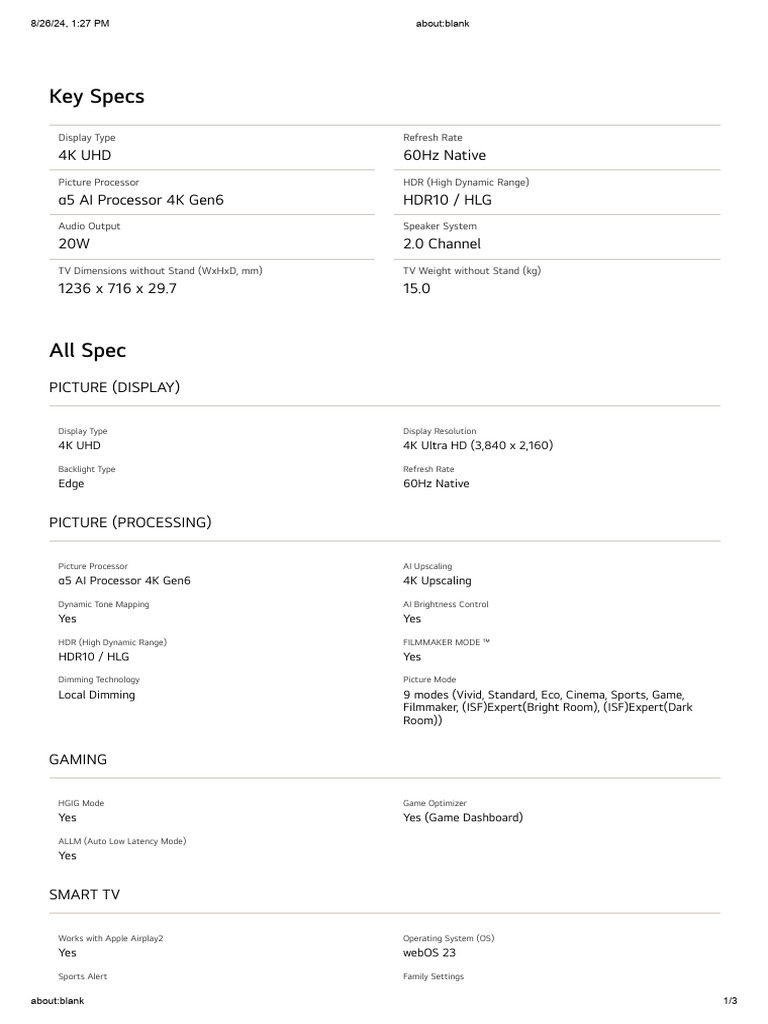 LG UR75 55 (139cm) 4K UHD Smart TV Specs | PDF