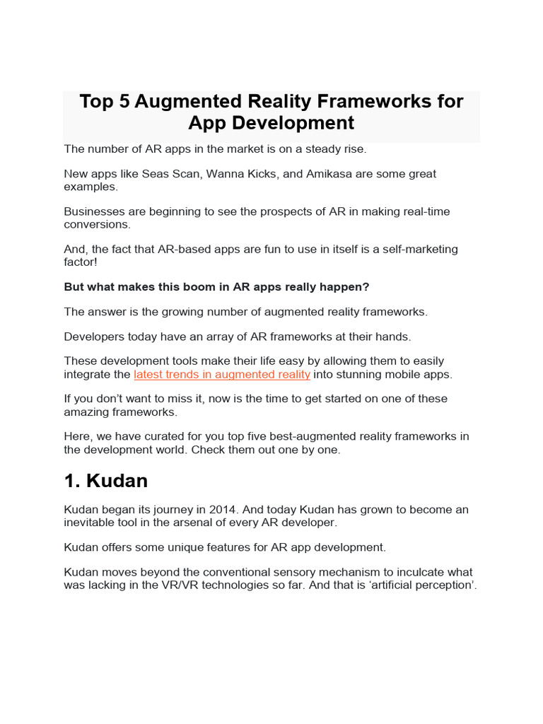 Top 5 Augmented Reality Frameworks For App Development Pdf