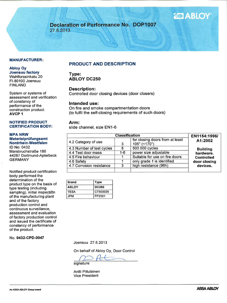 ABLOY DC250 Declaration of Performance 1 | PDF