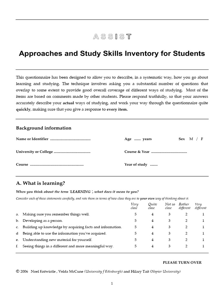Study Skills Inventory Questionnaire | PDF | Questionnaire | Career ...