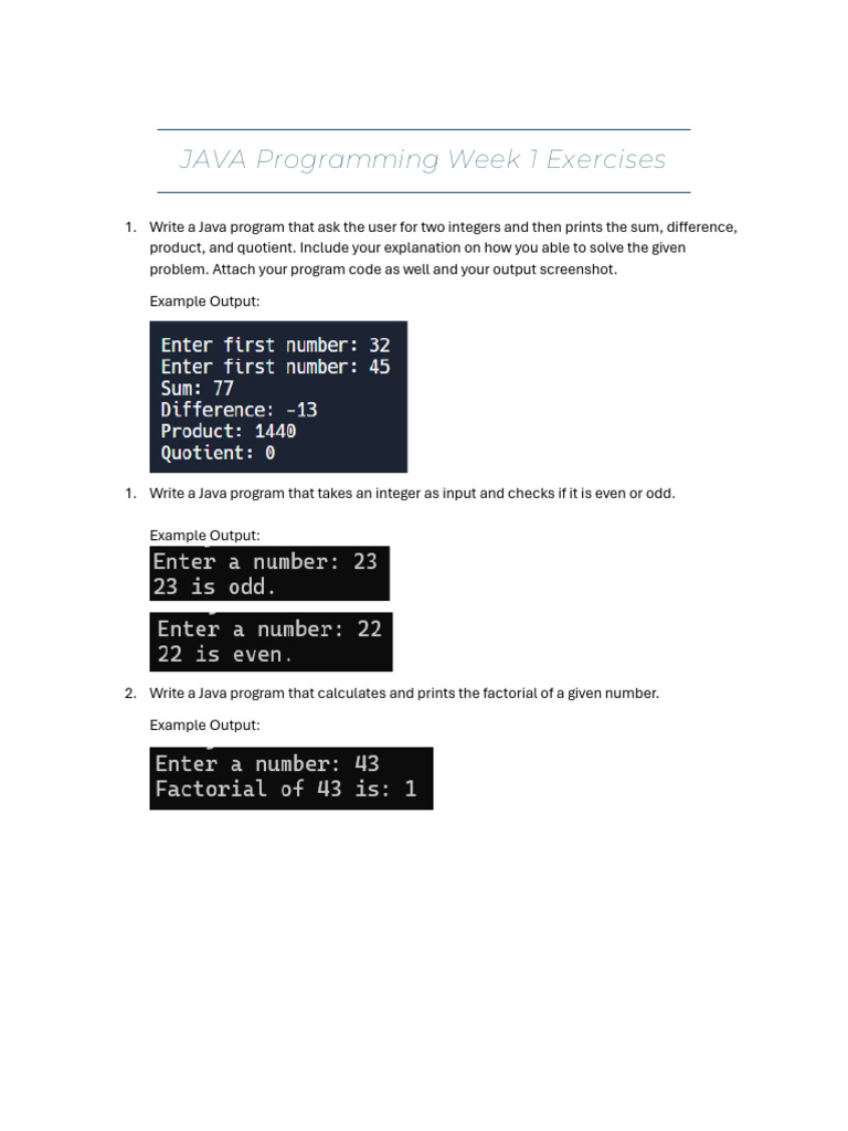 JAVA Exercises Week 1 | PDF