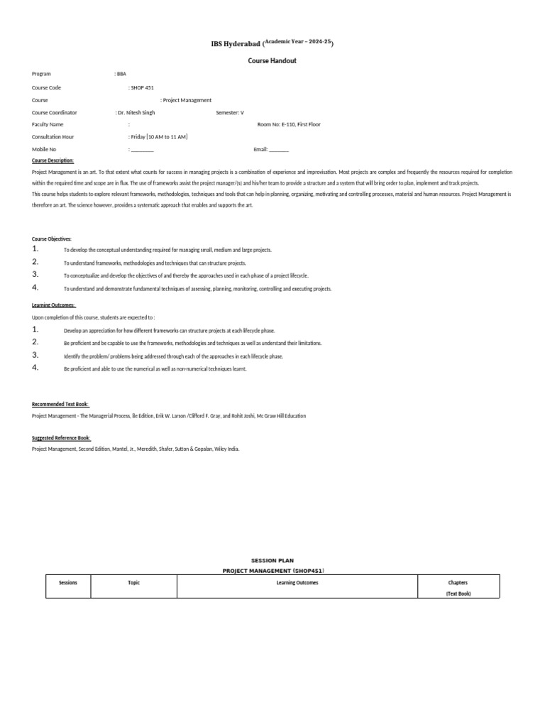 BBA Project Management Course Overview | PDF | Project Management