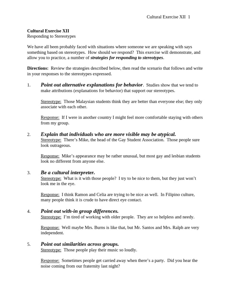 Cultural Exercise XII - Responding To Stereotypes | PDF