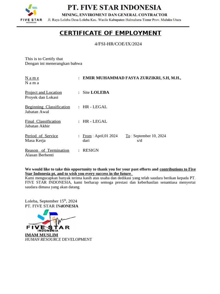 Surat Paklaring Emir | PDF