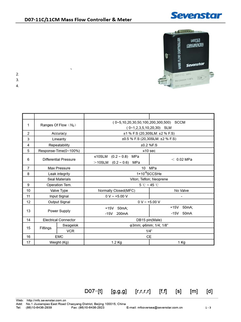 SEVENSTAR D07-11C/11CM Mass Flow Controller & Meter | PDF