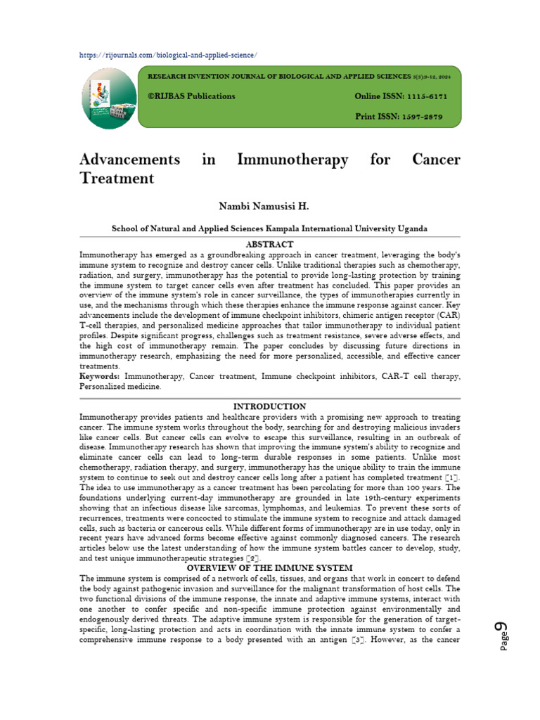 Advancements in Cancer Immunotherapy | PDF | Immunotherapy | Immune System