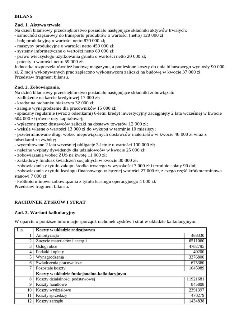 Zadania bilans-RZiS - Ćwiczenia NR 4 | PDF