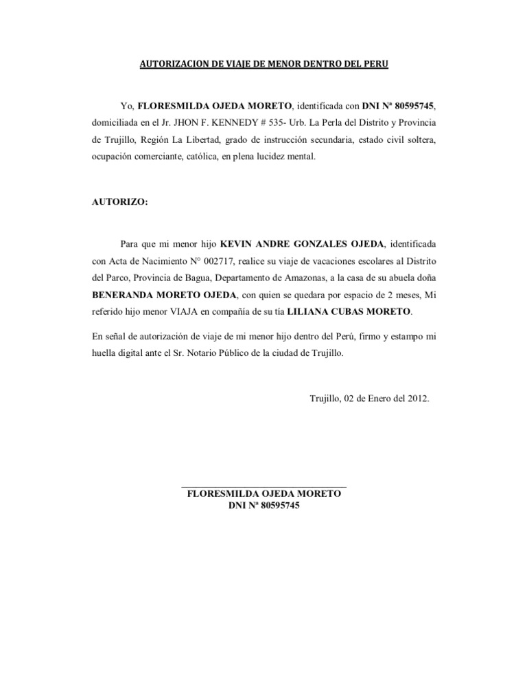 Autorizacion de Viaje de Menor Dentro Del Peru