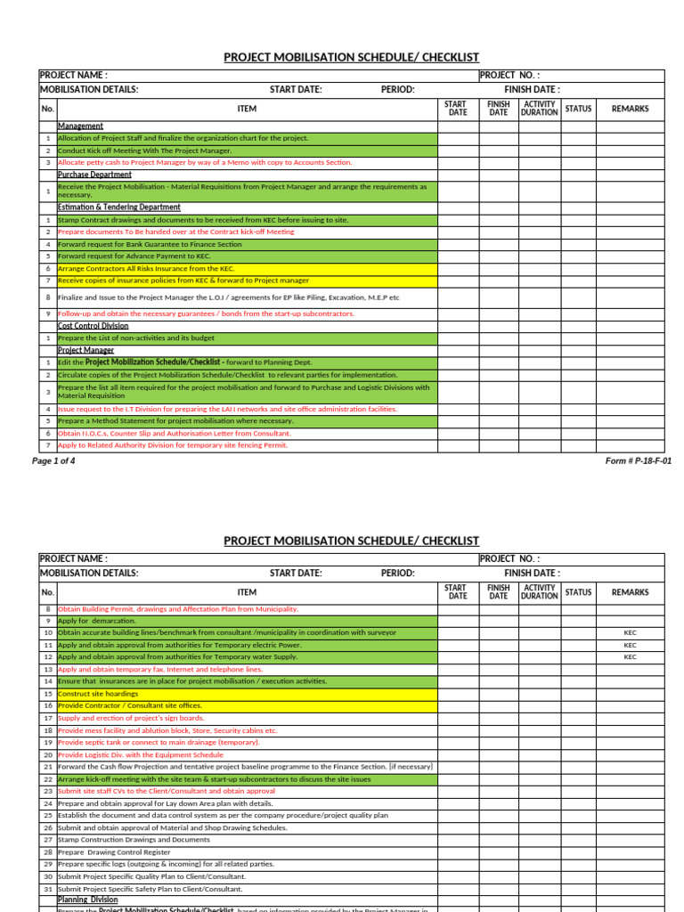 Form CMC QMS P18 F01 Mobilization Checkl | PDF